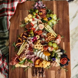 Christmas tree charcuterie board on a wooden board ready to serve