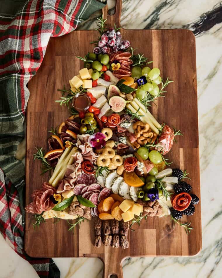 Christmas tree charcuterie board on a wooden board ready to serve