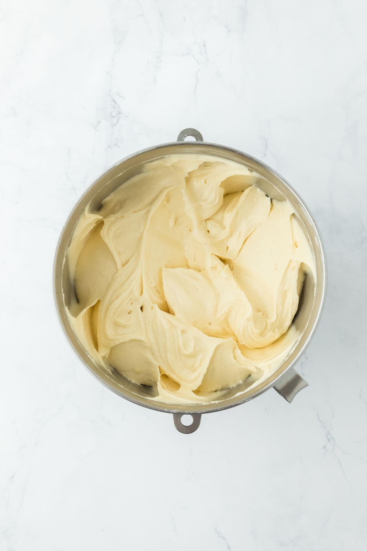 Smooth, airy cake batter in a mixing bowl, ready to be poured into a pan