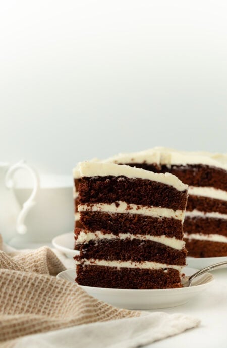 Slice of Devils food cake on white plate in white background