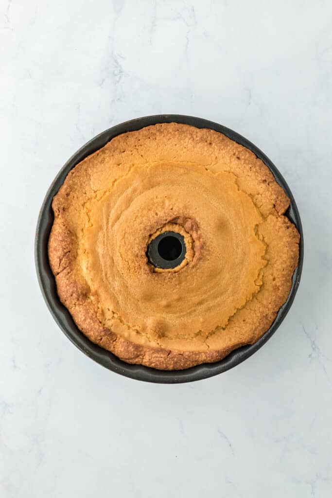 Finished baking cake in a bundt pan before flipping out