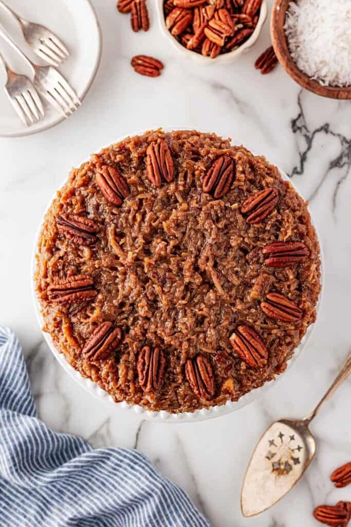Final German chocolate cake on white background