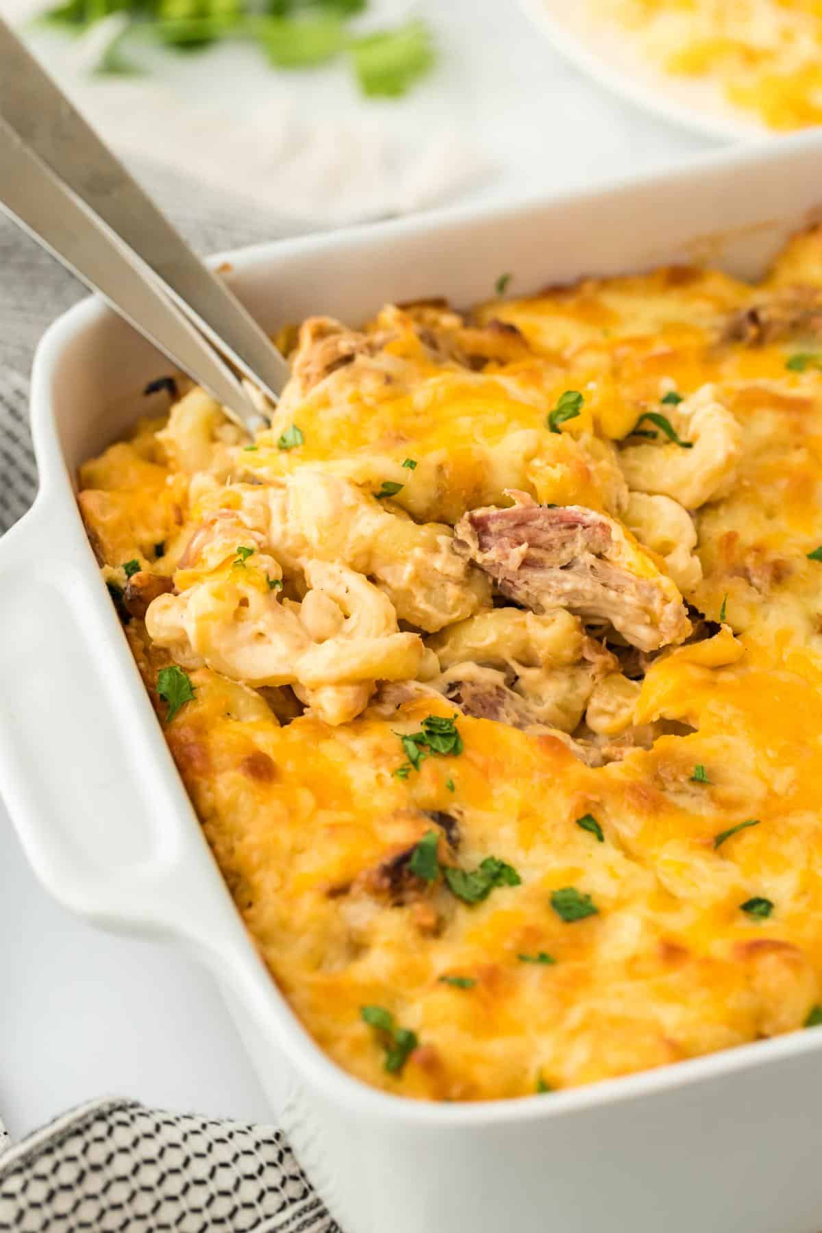 A closeup of the baked pulled pork mac and cheese showing golden melted cheese and fresh parsley on top with a spoon in it