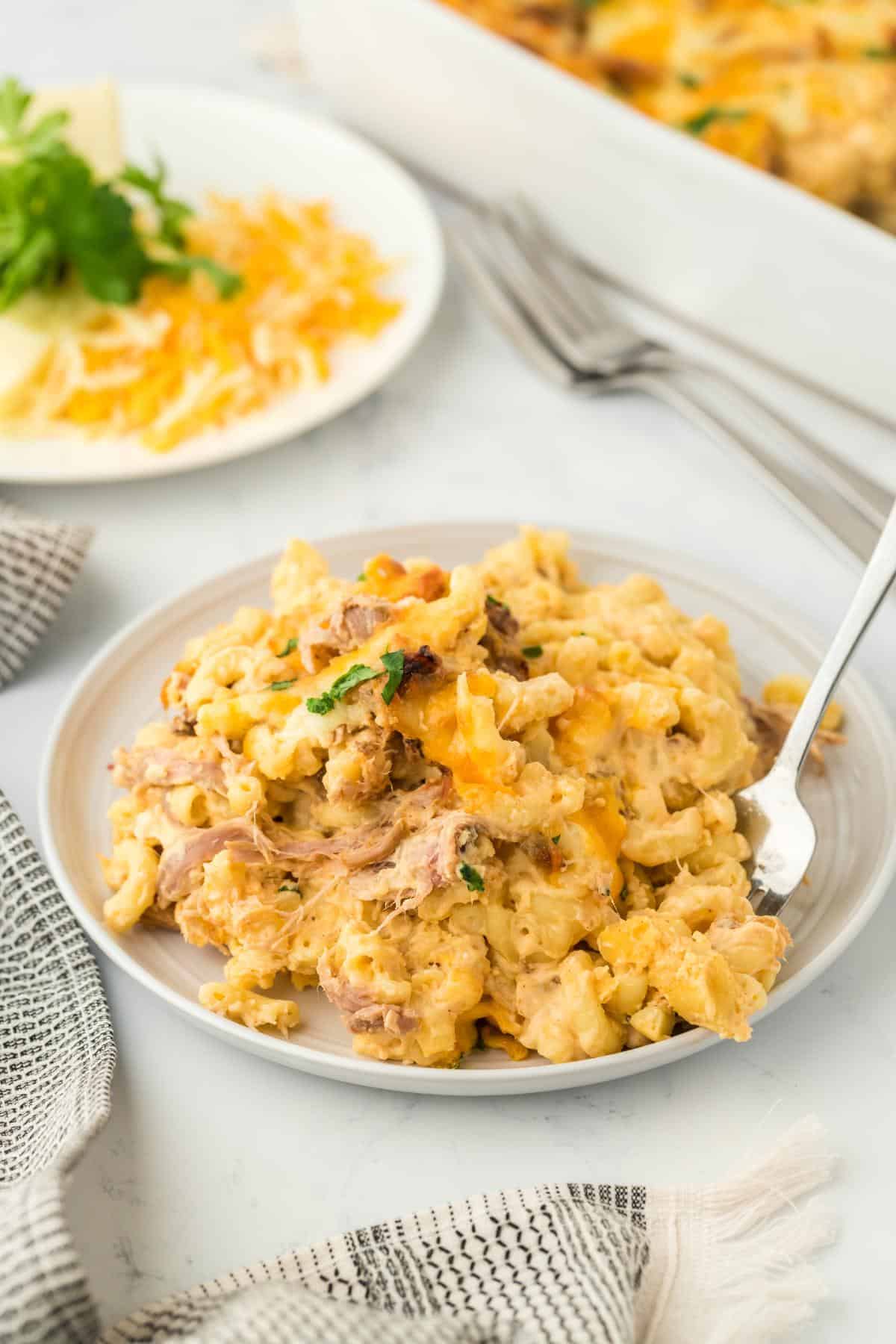 A creamy, cheesy serving of pulled pork mac and cheese on a white plate, garnished with parsley with a fork in it and ingredients for the mac in the background