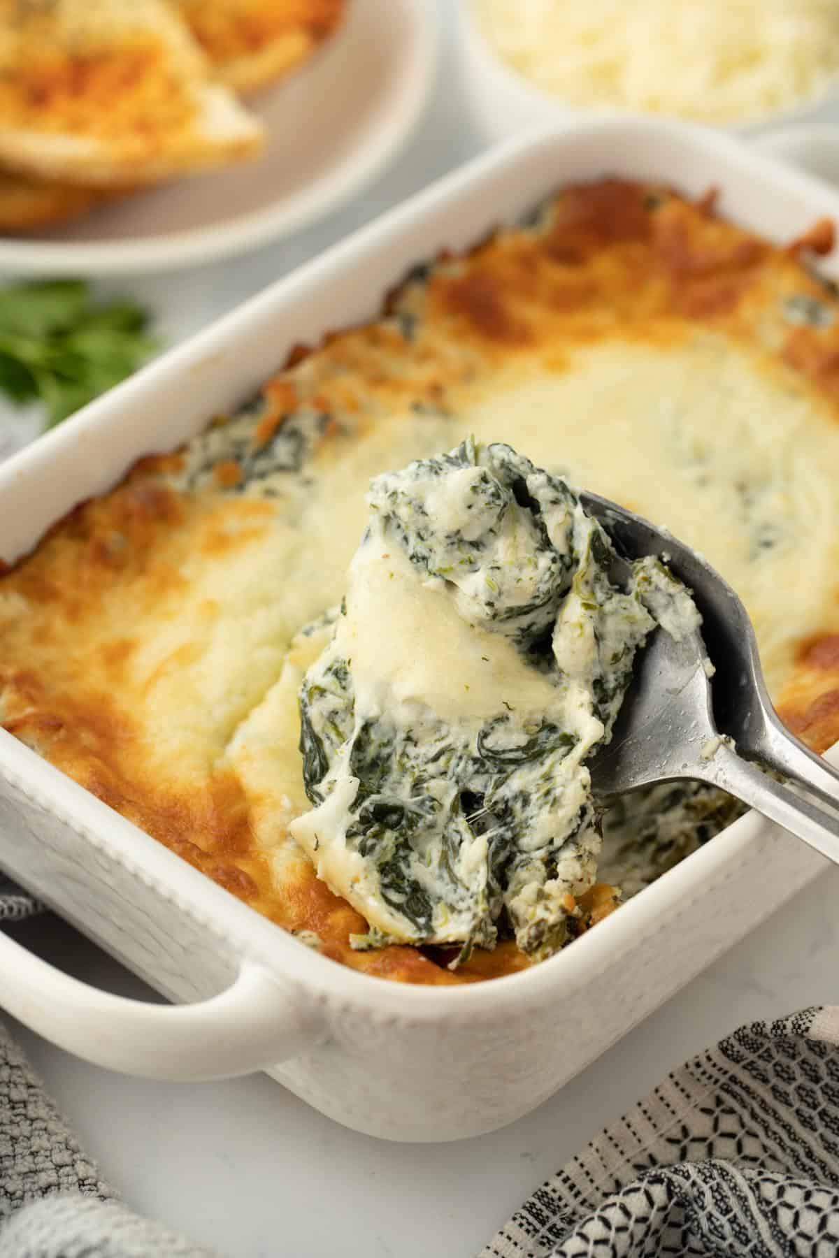 Spoon scooping cheesy spinach dip from a casserole dish, with golden brown cheese topping