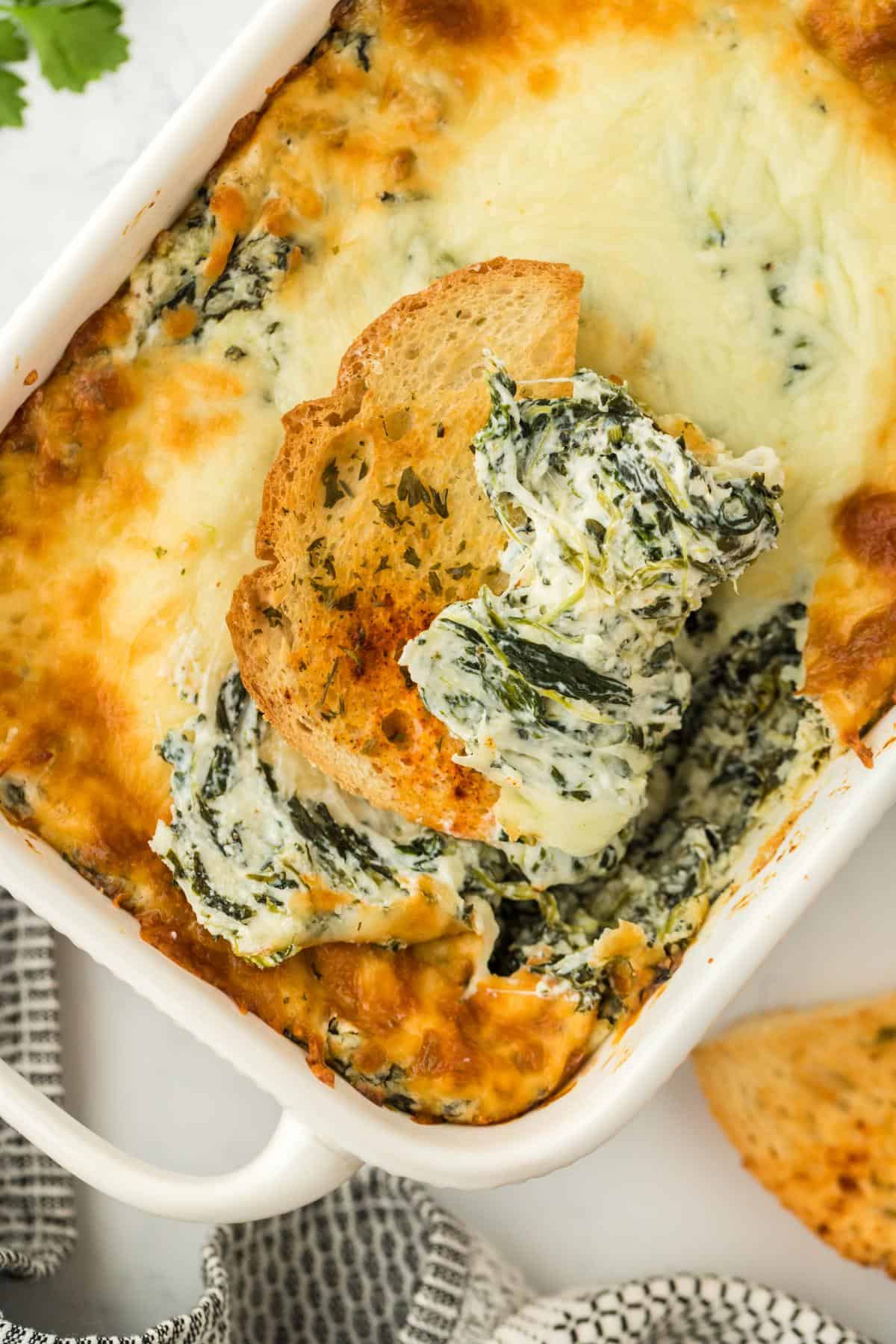 Overhead shot of crispy bread slice dipped into creamy spinach dip, revealing a cheesy, spinach-filled layer