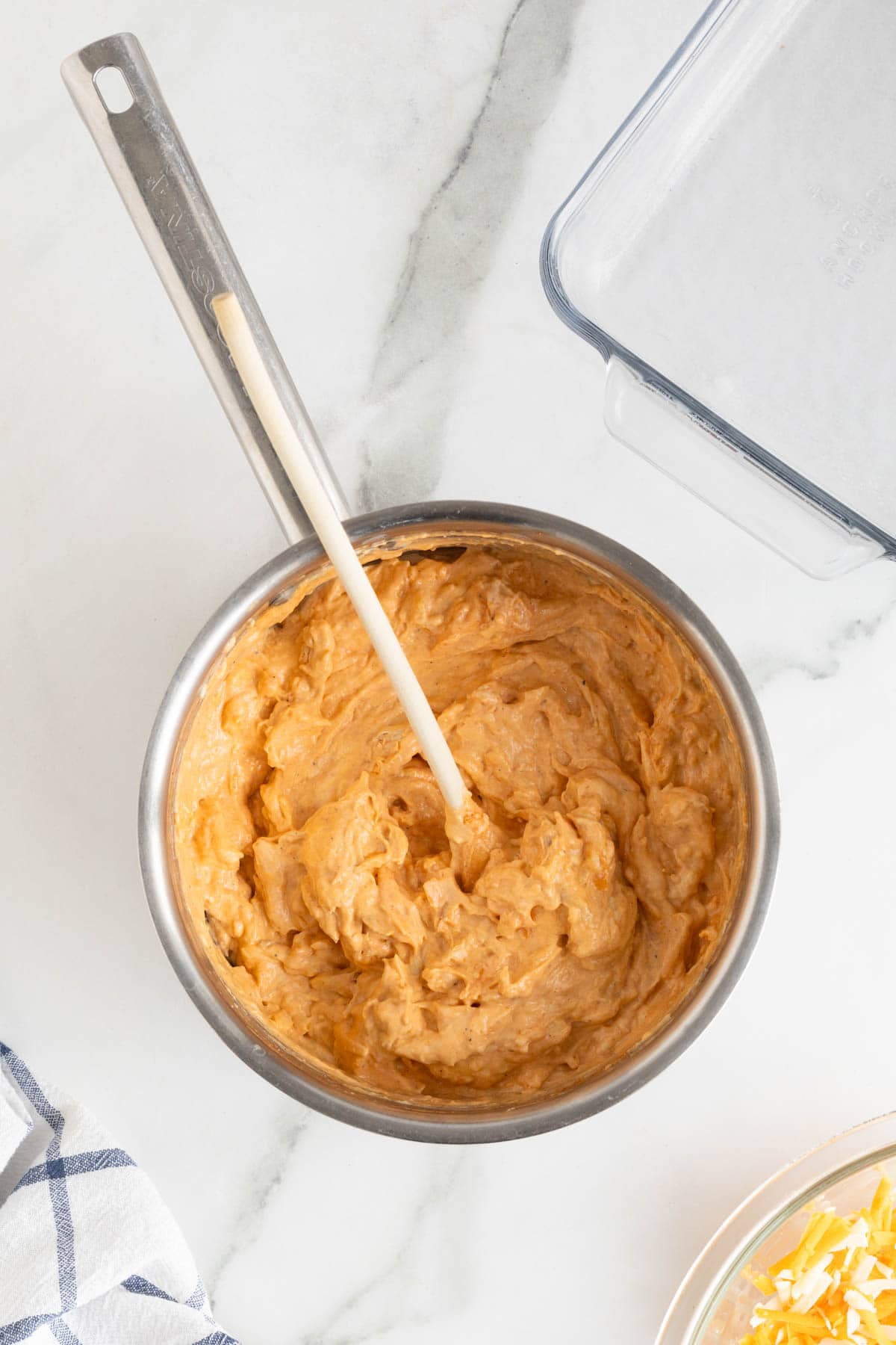 Chicken dip mixed together before adding to casserole dish