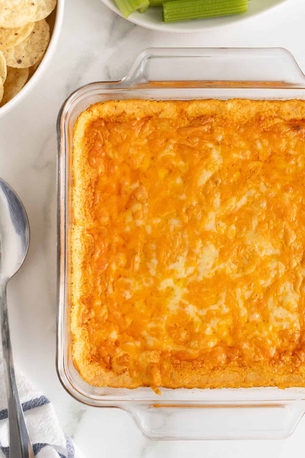 A close up of the best buffalo chicken dip before serving