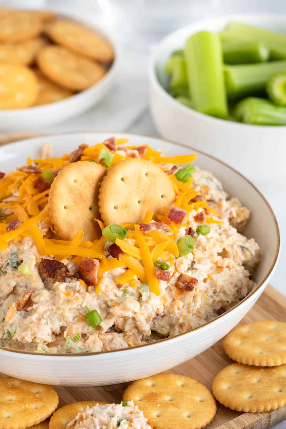 Closeup of the million dollar dip highlighting the crackers, cheddar cheese, bacon bits, and green onion toppings, with crackers and celery in the background