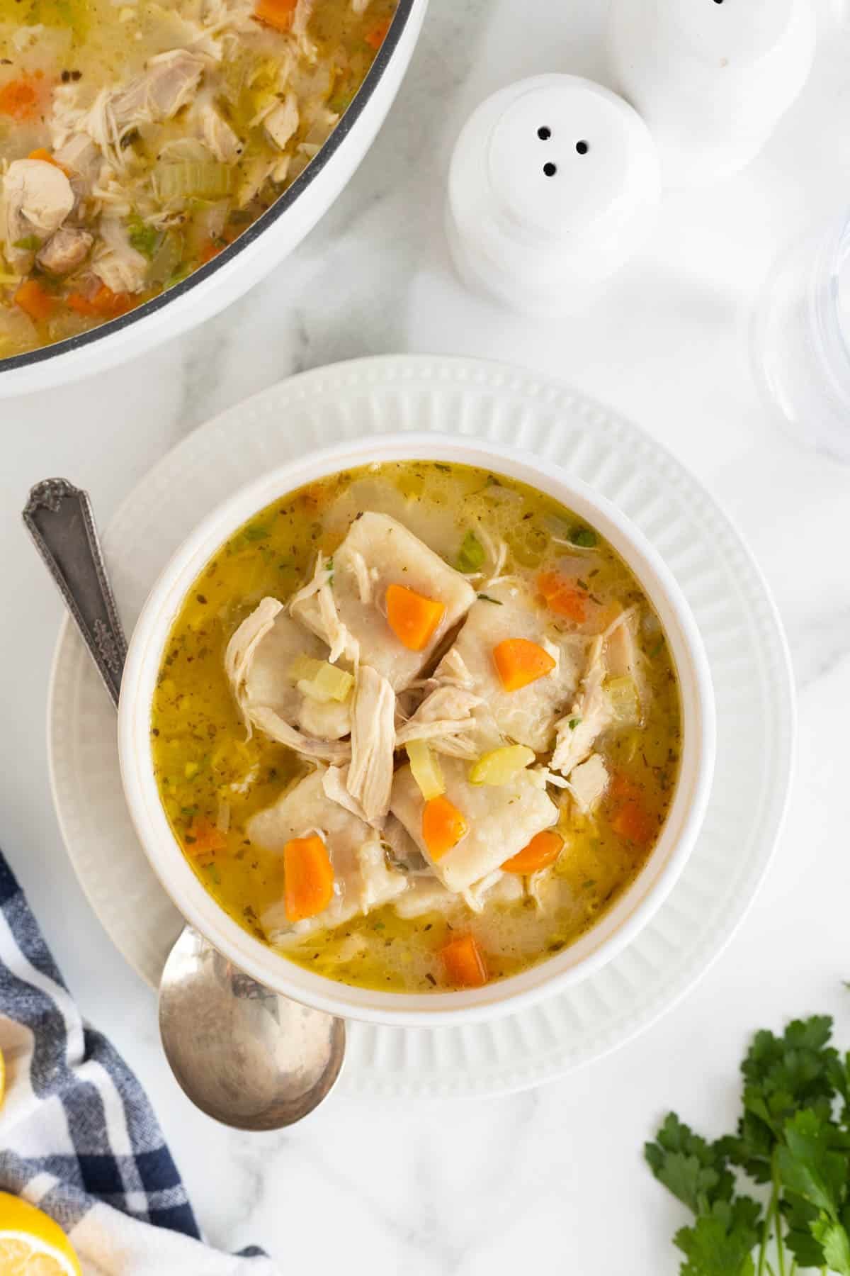 Overhead shot of a bowl filled with chicken and rolled dumplings soup, showing dumplings, vegetables, and herbs, with a spoon next to it