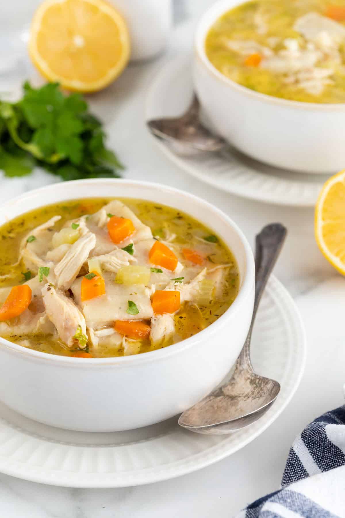 A bowl of chicken and rolled dumplings soup with vegetables, topped with parsley, with a background of lemon slices and another bowl of soup