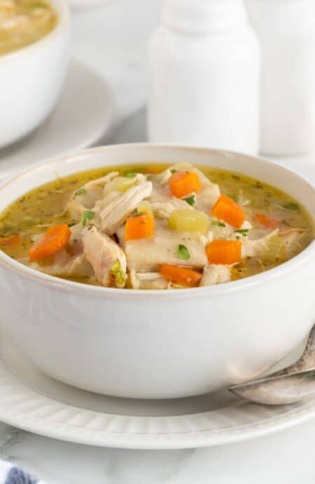 Closeup of a bowl of chicken and rolled dumplings soup with carrots and celery, garnished with fresh herbs