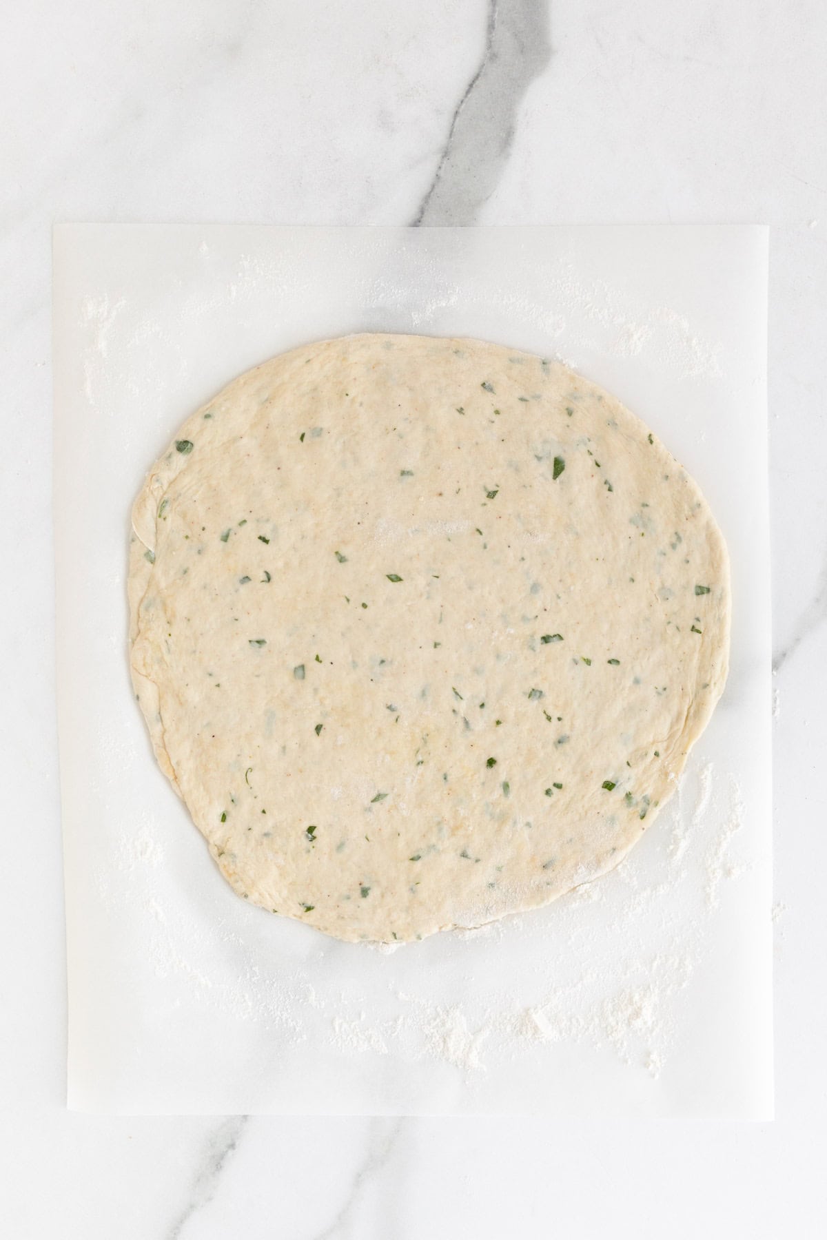 The dumpling dough rolled out into a flat circle on parchment paper