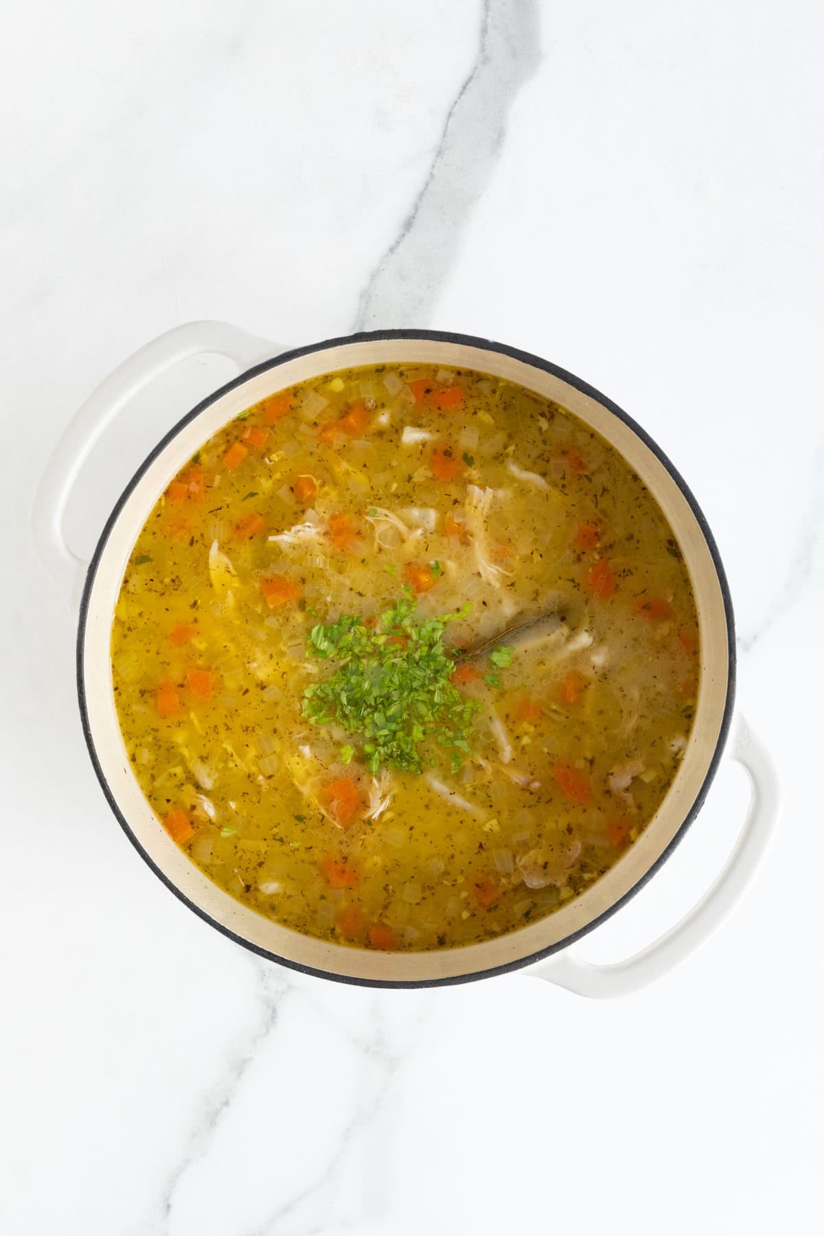 The pot of chicken soup, now garnished with freshly chopped herbs like parsley