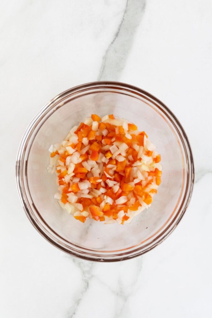 Mixed diced onions and red bell peppers