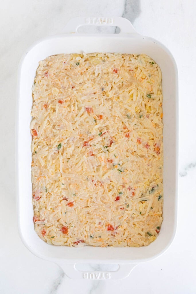 Hashbrown casserole mixture in a baking dish