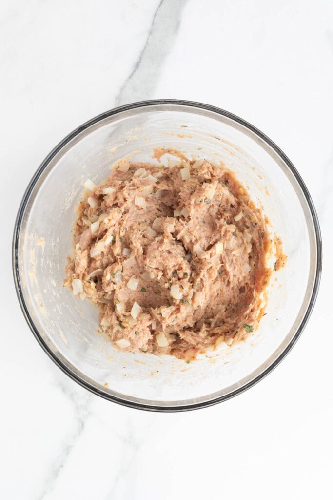 Final meatloaf mixture fully combined and ready to bake