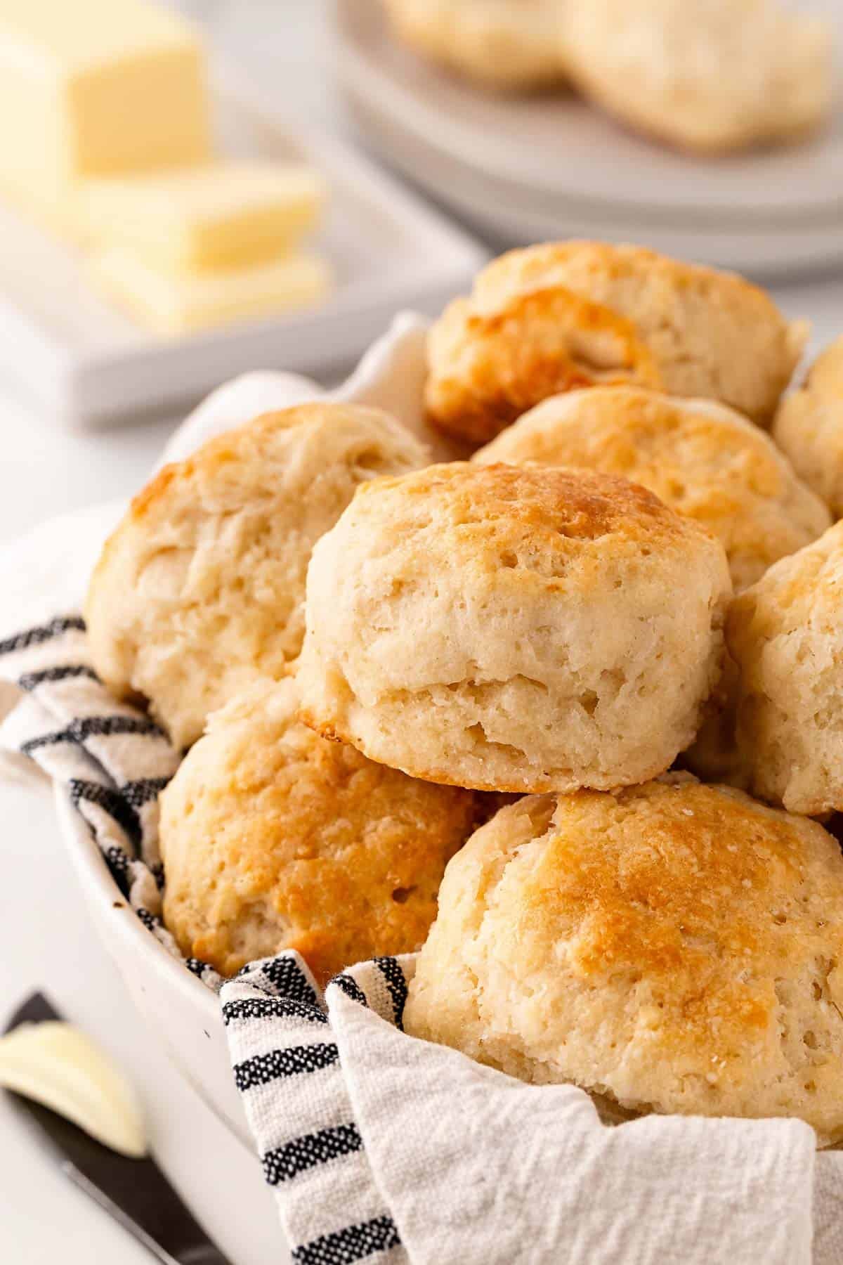 Basket of golden homemade southern buttermilk biscuits