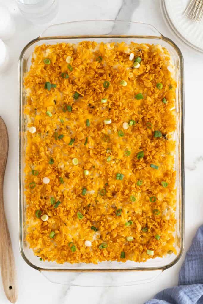 Finished casserole with green onion garnish
