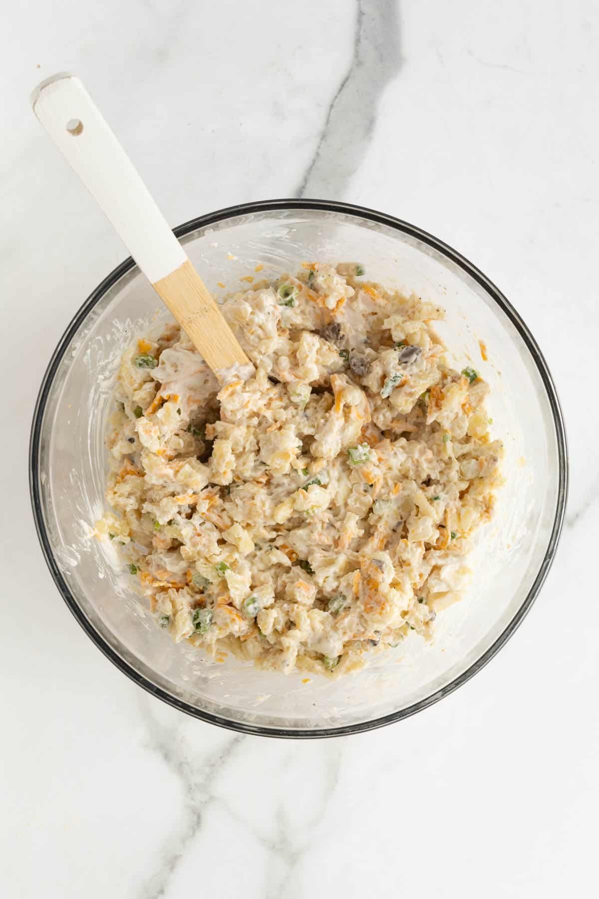 Glass mixing bowl with casserole mixture