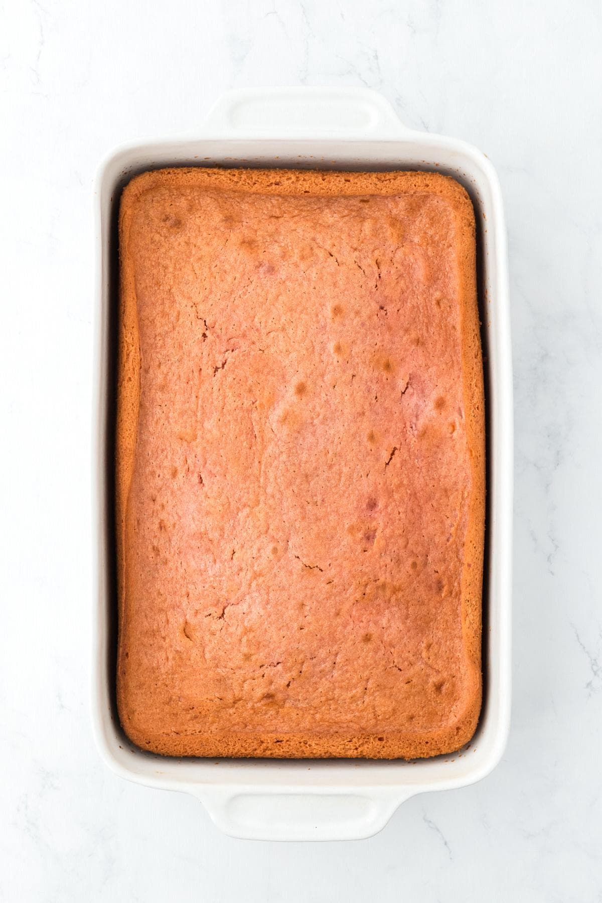 Baked strawberry cake in a dish with a golden top