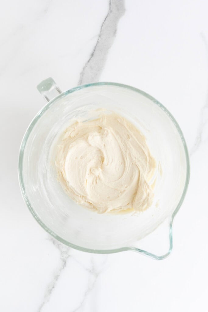 Finished vanilla buttercream in a mixing bowl