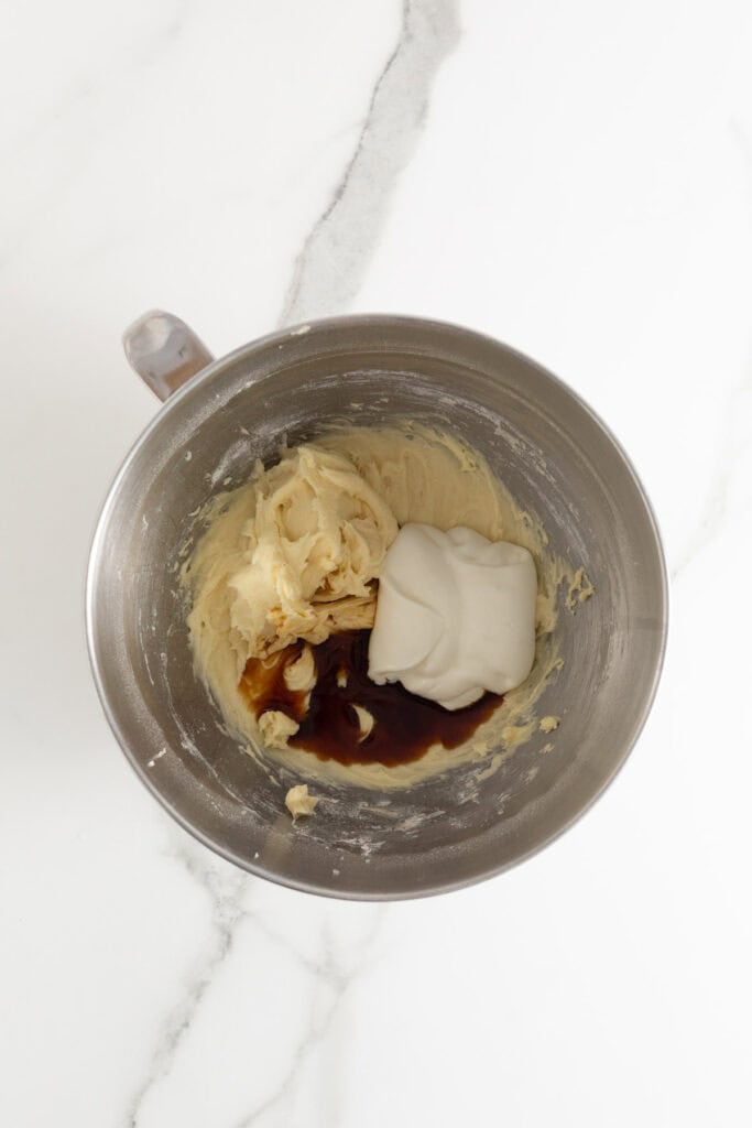 Sour cream and vanilla in a stand mixer