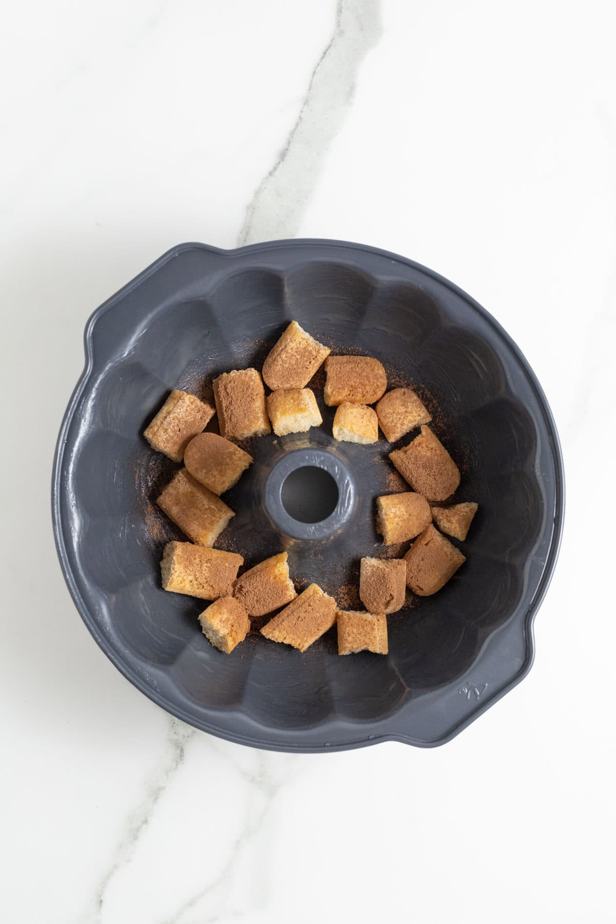 Cocoa powder sprinkled on top of ladyfinger pieces inside a bundt pan