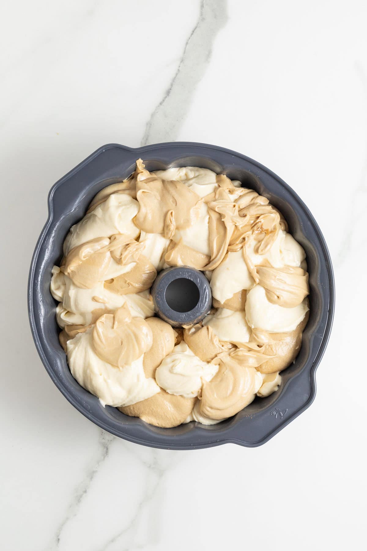 Swirled cake batters in cake pan