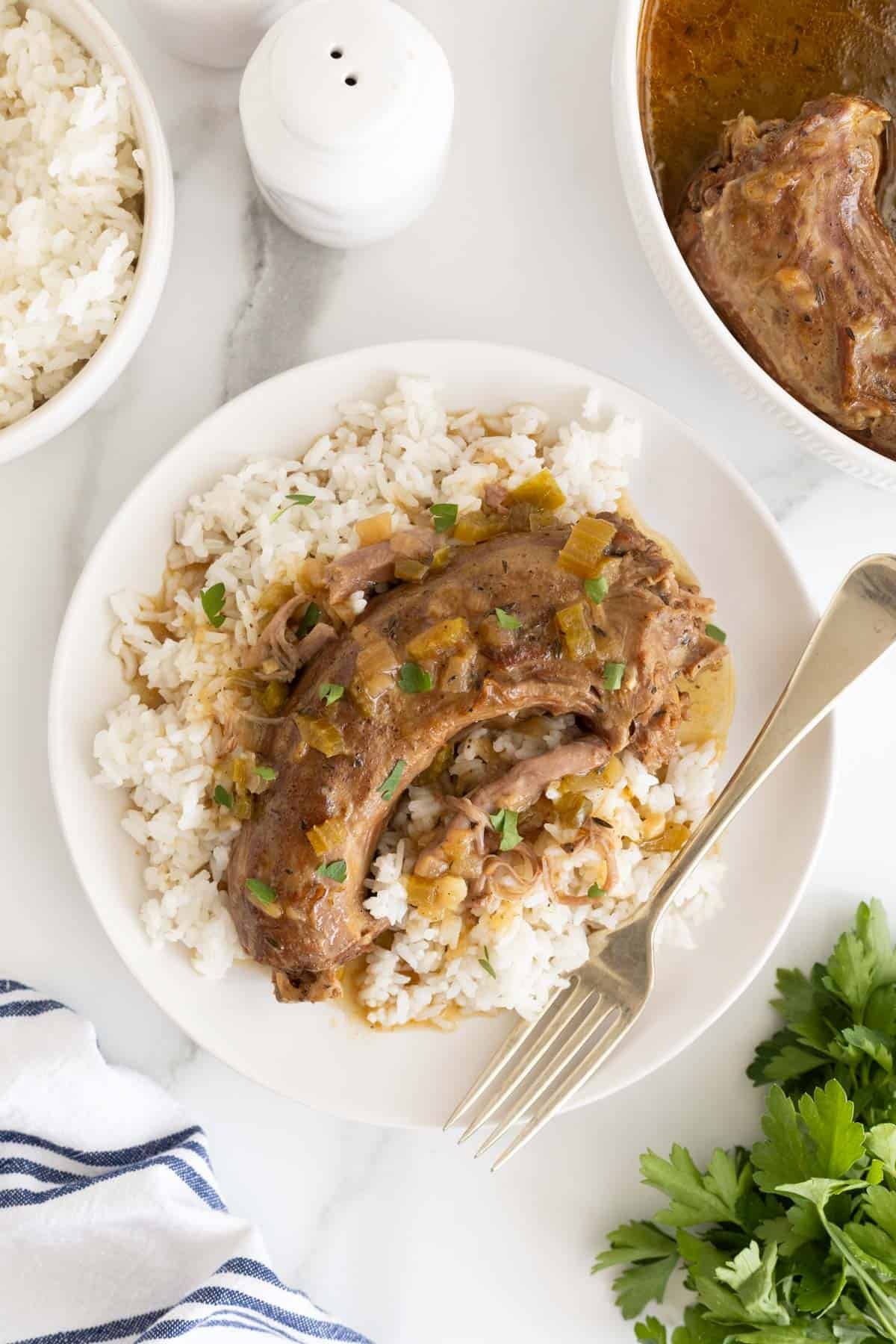 A plate of white rice topped with a turkey neck and smothered in brown gravy with chopped celery and herbs