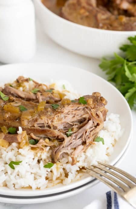 A plate of white rice topped with a turkey neck and smothered in brown gravy with chopped celery and herbs