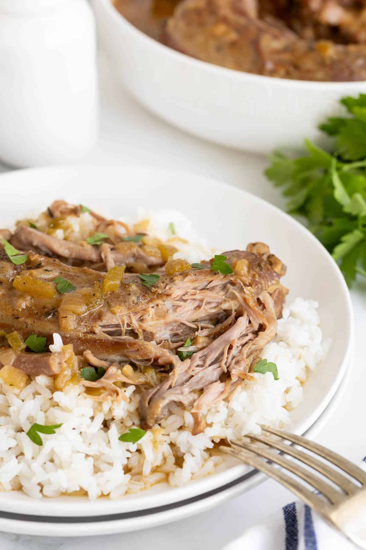 A plate of white rice topped with a turkey neck and smothered in brown gravy with chopped celery and herbs