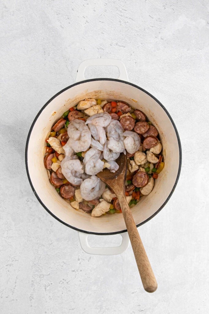 Shrimp added to a jambalaya pasta base
