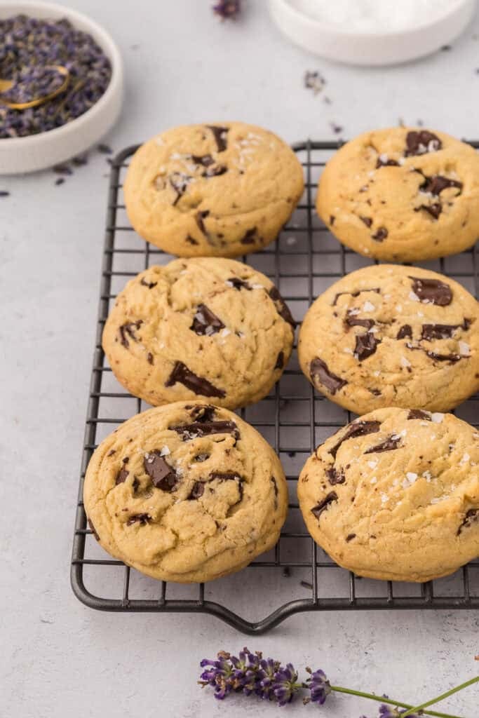Chocolate chunk cookies on a wire rack
