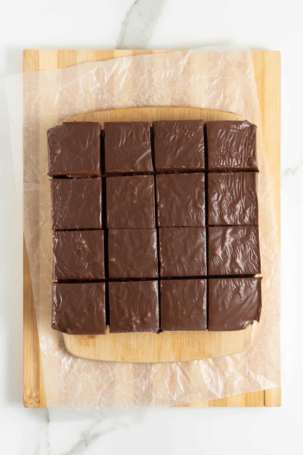 Chocolate fudge removed from the pan and cut into neat square pieces