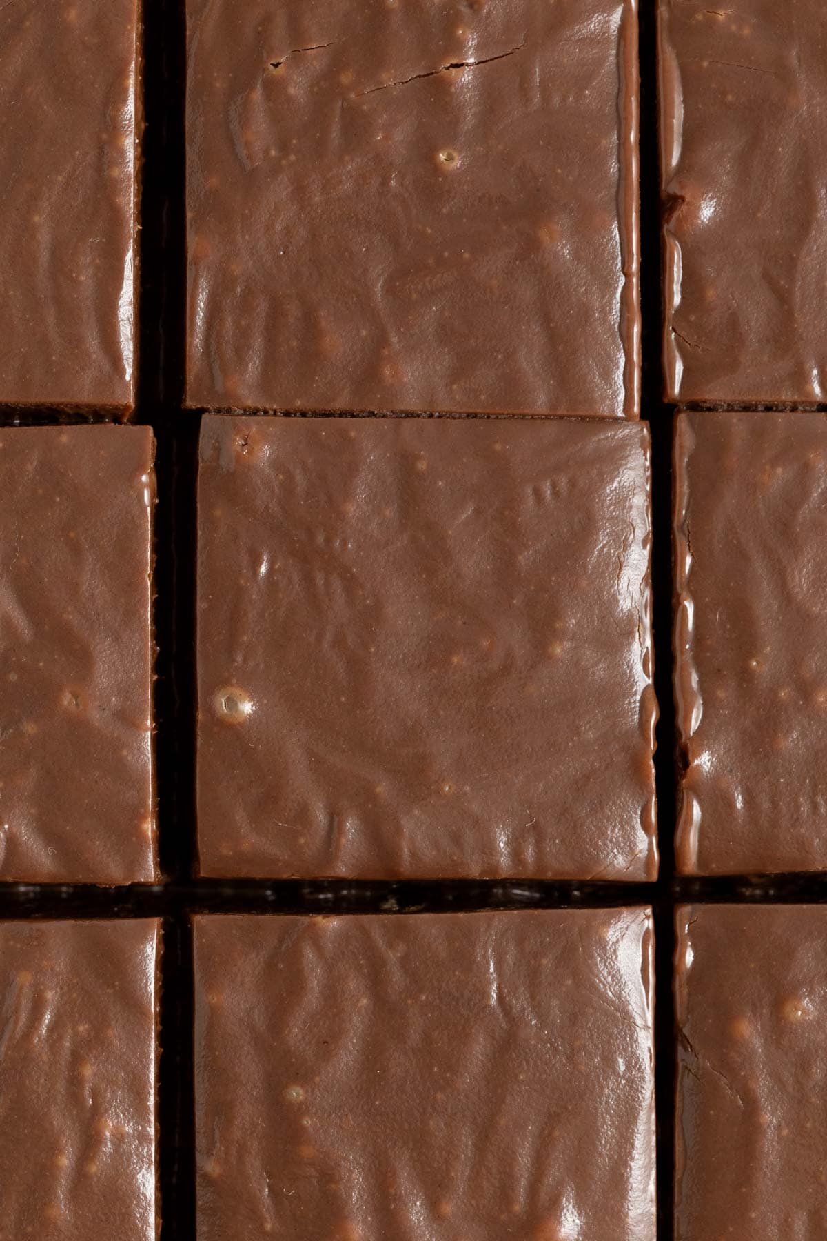 Extreme close-up of chocolate fudge squares, showing glossy texture