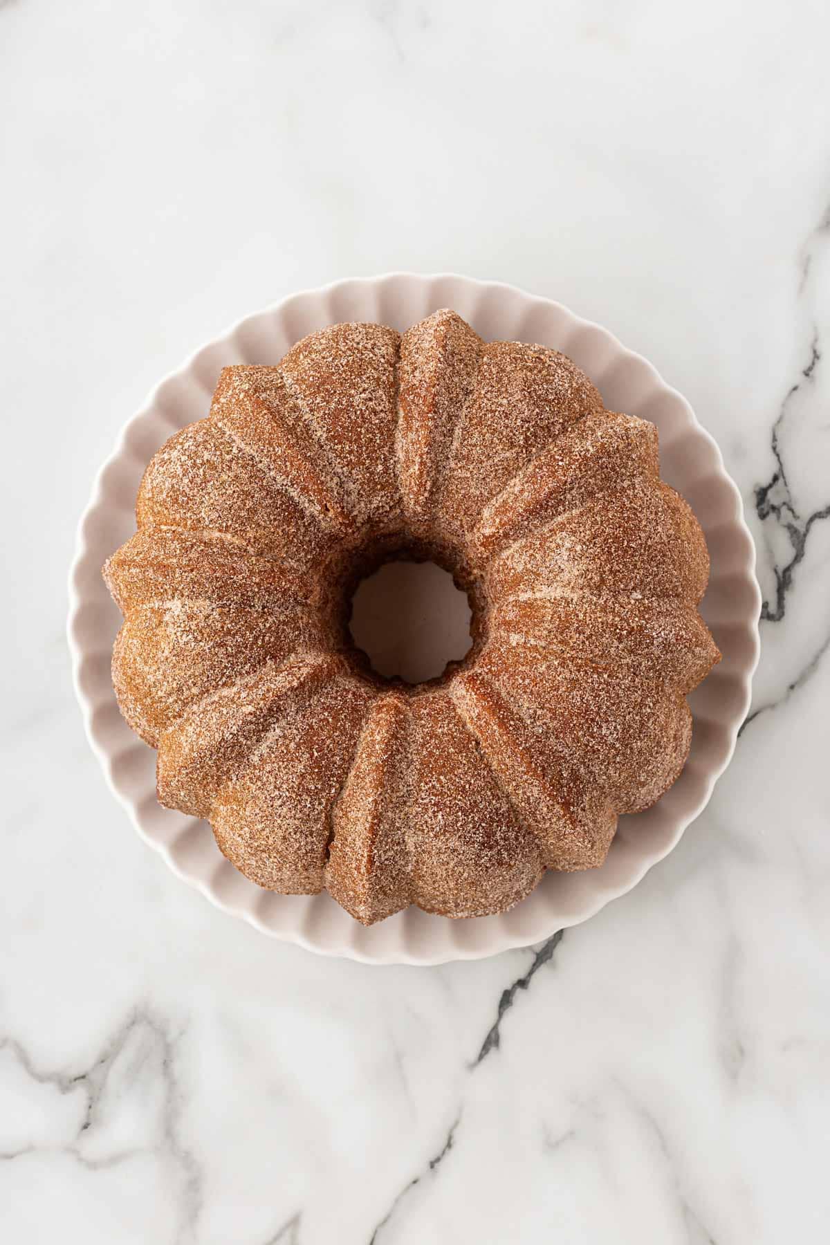Finished churro pound cake coated in cinnamon sugar on a white cake stand