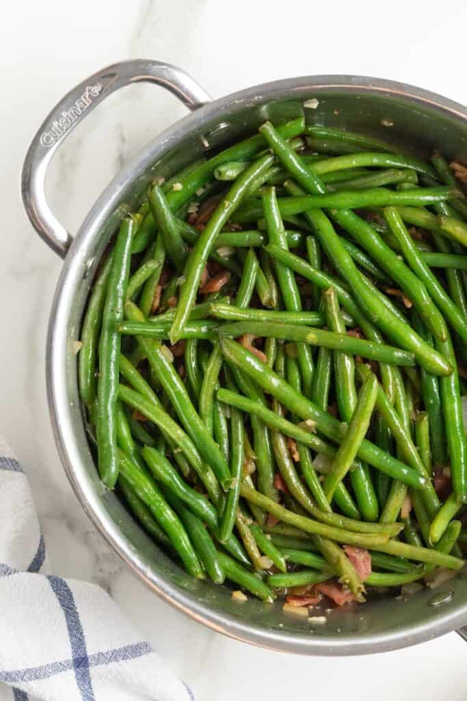 Finished cooking green beans and bacon ready to enjoy
