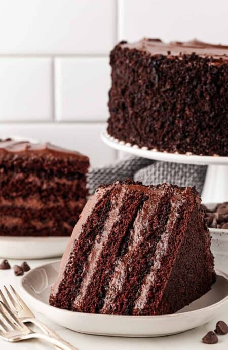 Brooklyn Blackout chocolate layer cake with rich frosting on white plate.