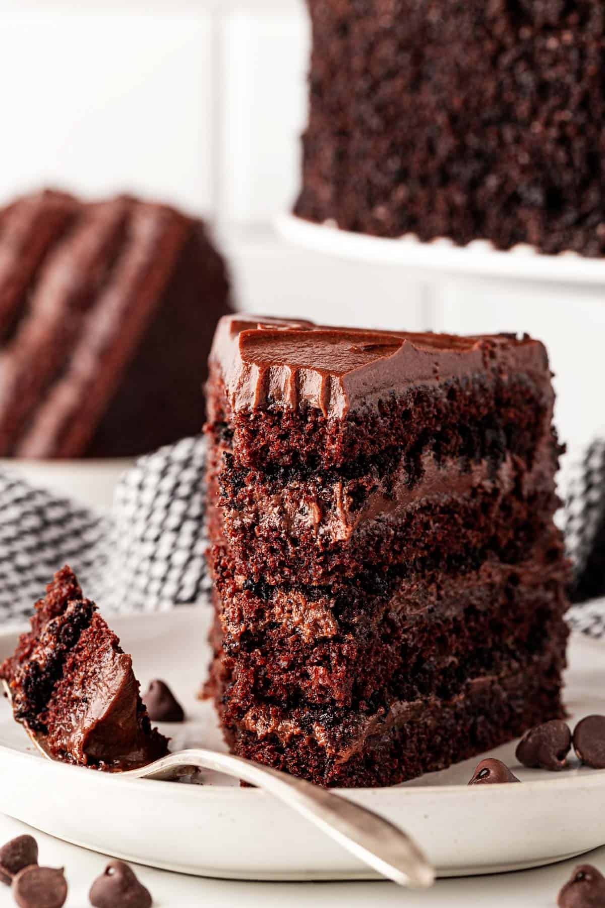 Decadent homemade chocolate cake with rich frosting and moist layers.