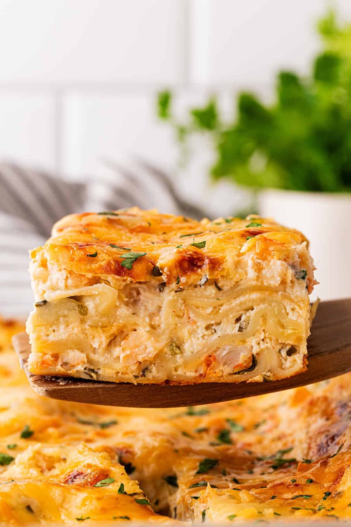 Slice of seafood lasagna lifted from the baking dish, revealing creamy layers of noodles, shrimp, and cheese