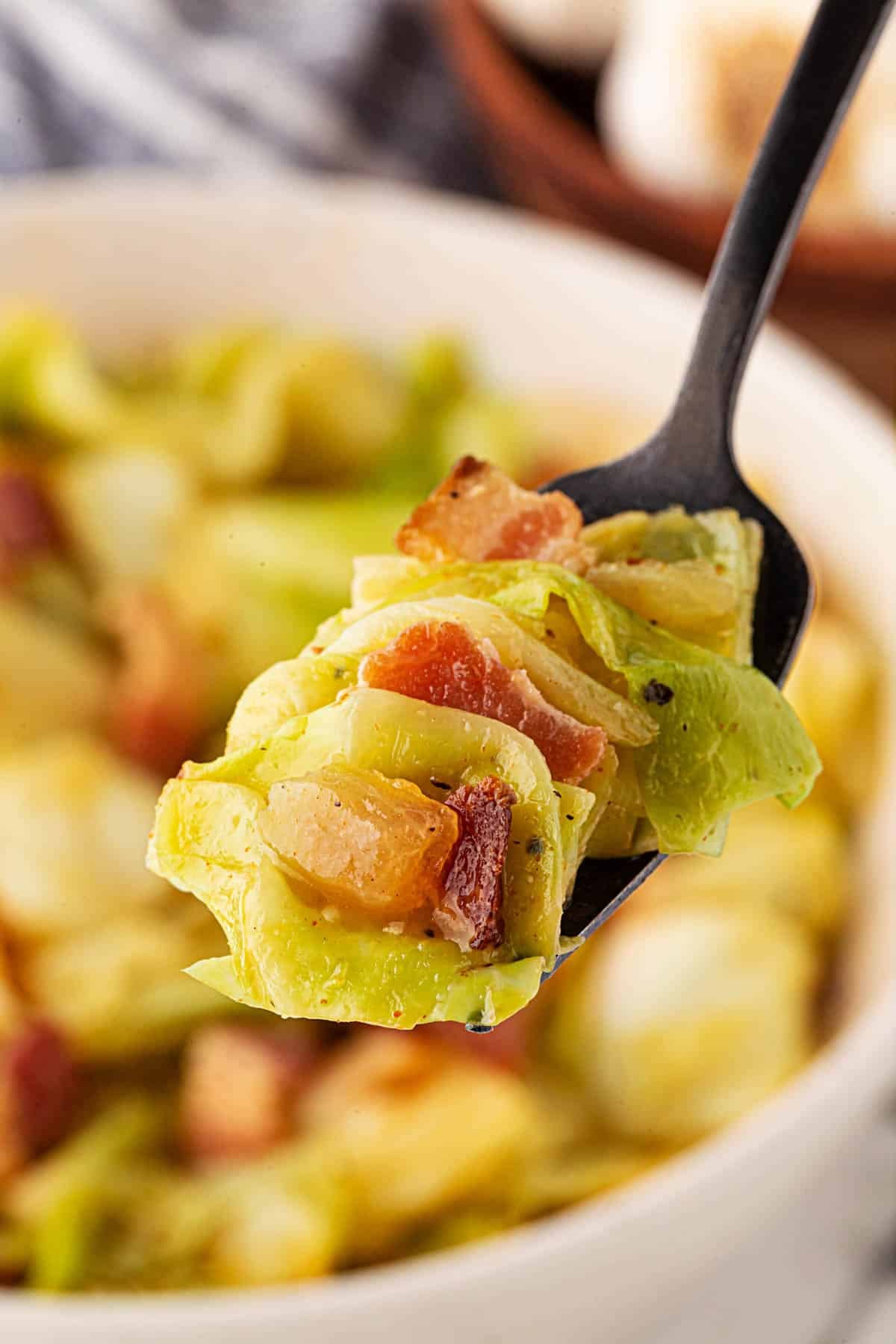 Fork holding a bite-sized piece of fried cabbage with bacon, bowl of cabbage blurred in the background