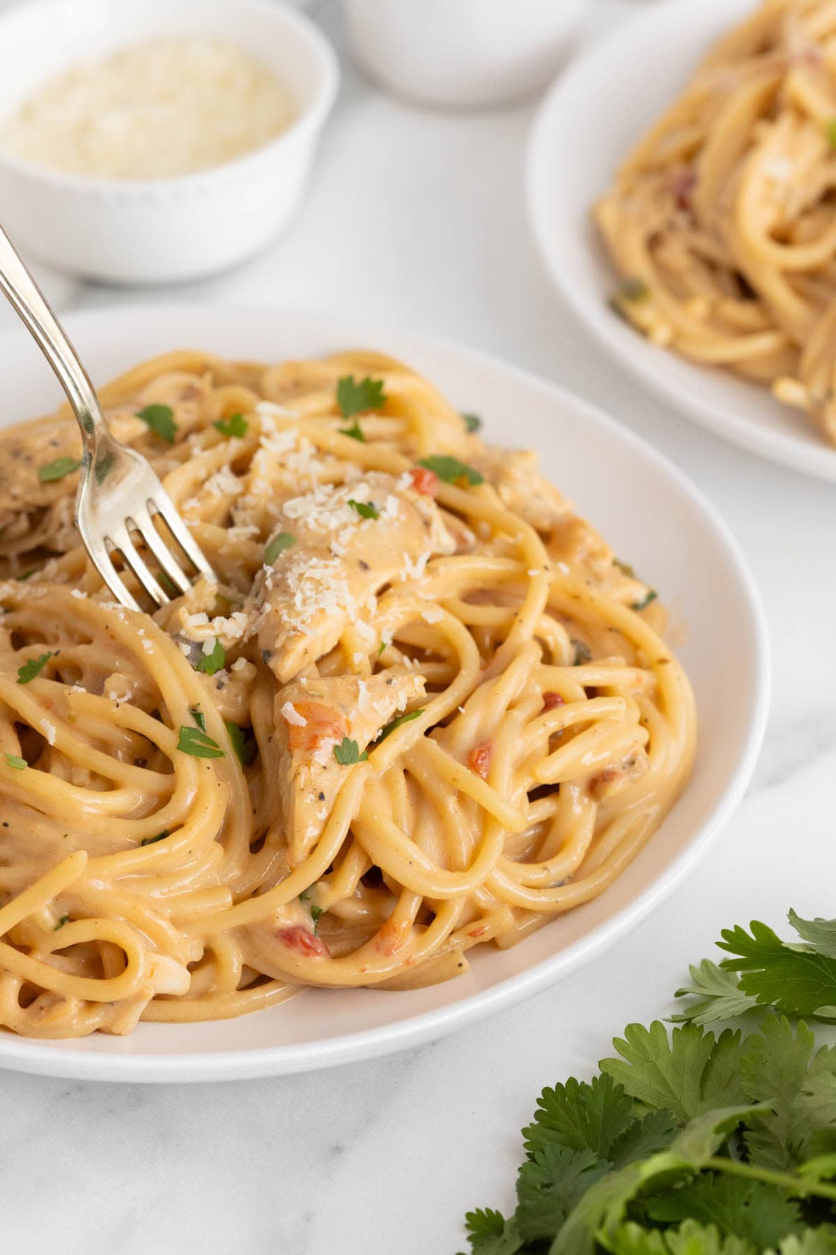 Fork twirling cheesy chicken spaghetti topped with grated cheese and fresh herbs on a plate