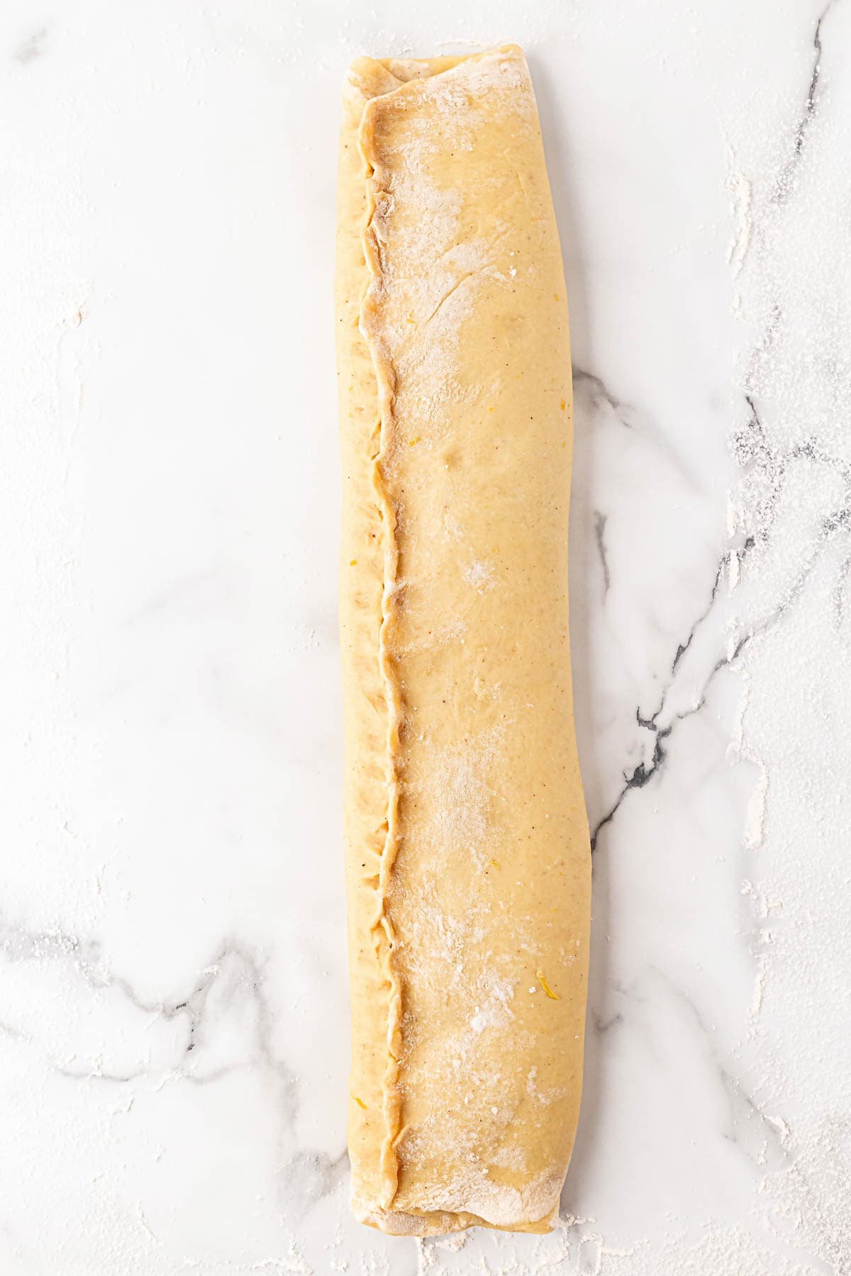 Finished king cake dough log with seam pinched closed, dusted lightly with flour