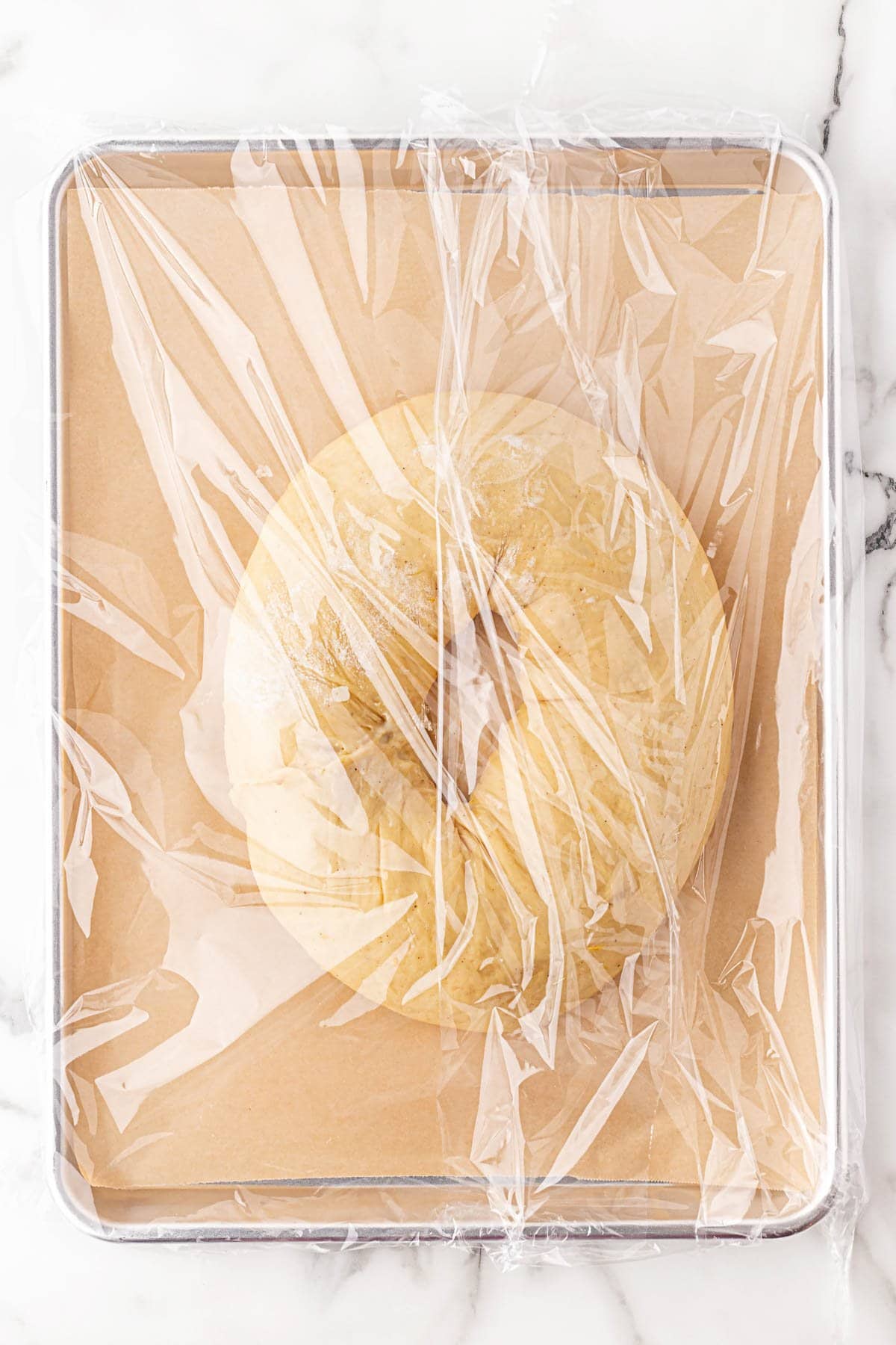 King cake dough log shaped on a parchment-lined sheet pan and covered with plastic wrap to rise