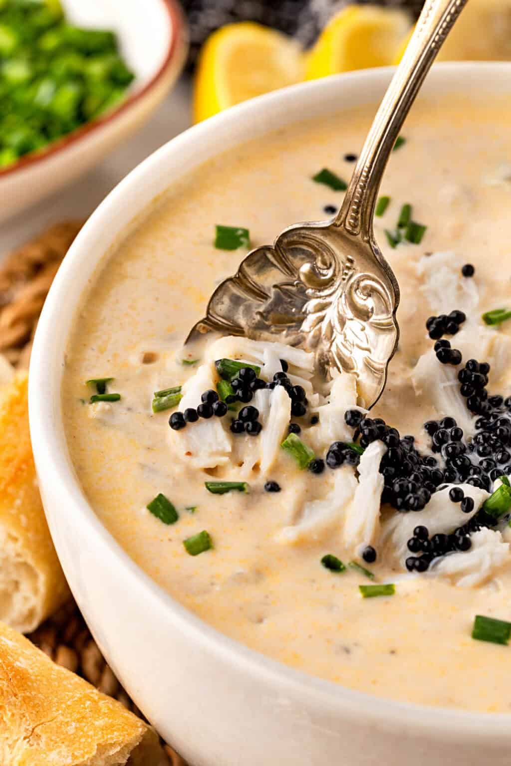 She Crab Soup Reipe with Black Seaweed Pearls