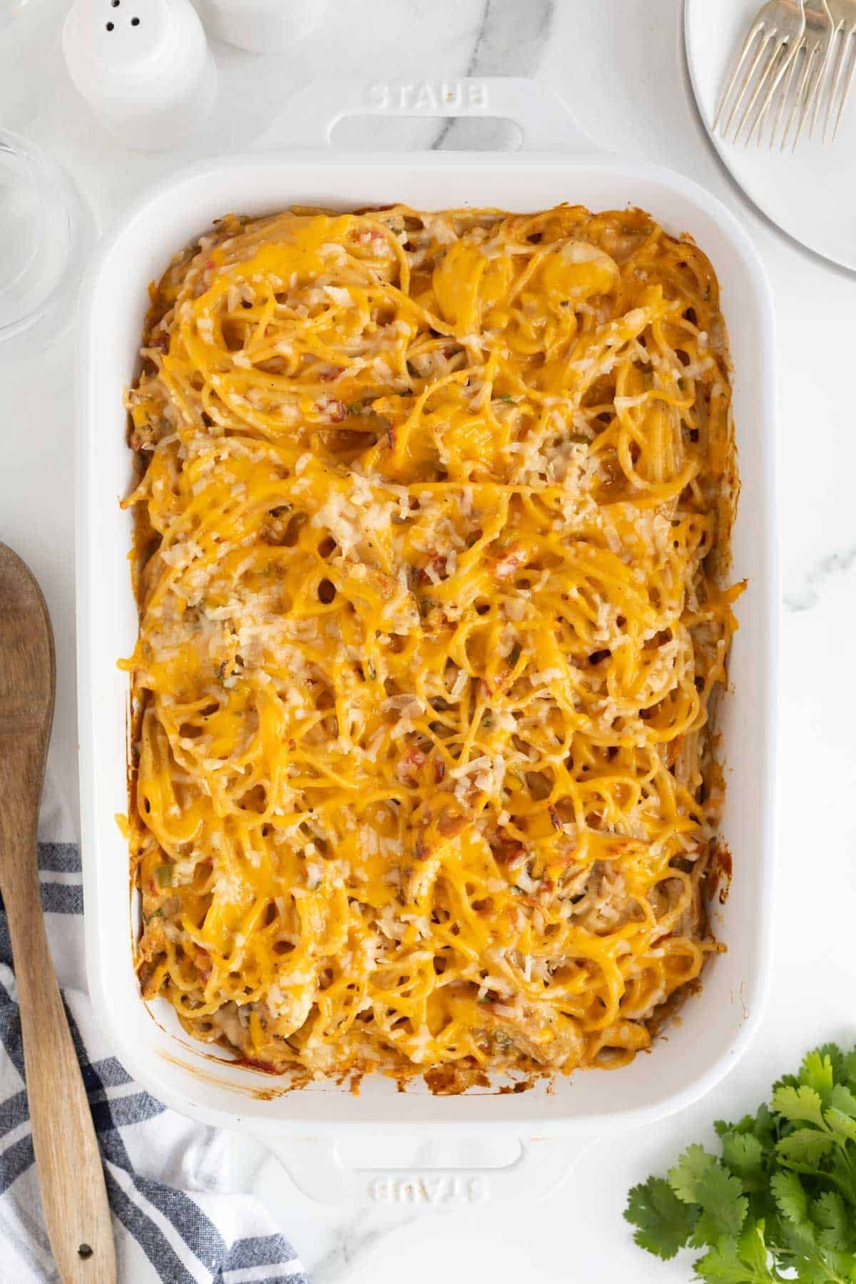 Baked chicken spaghetti casserole with melted, golden cheese on top