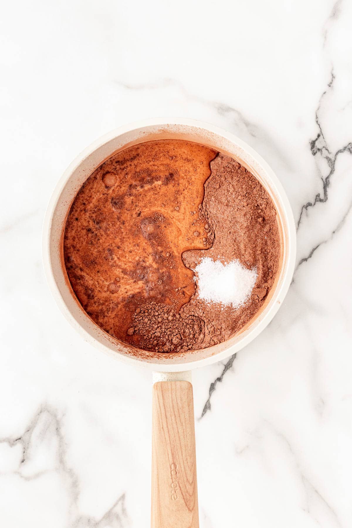 Cocoa powder, sugar, flour, salt, and milk combined in a saucepan before mixing