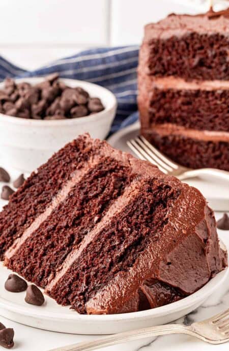 Two slices of chocolate cake with chocolate buttercream on a plate beside chocolate chips