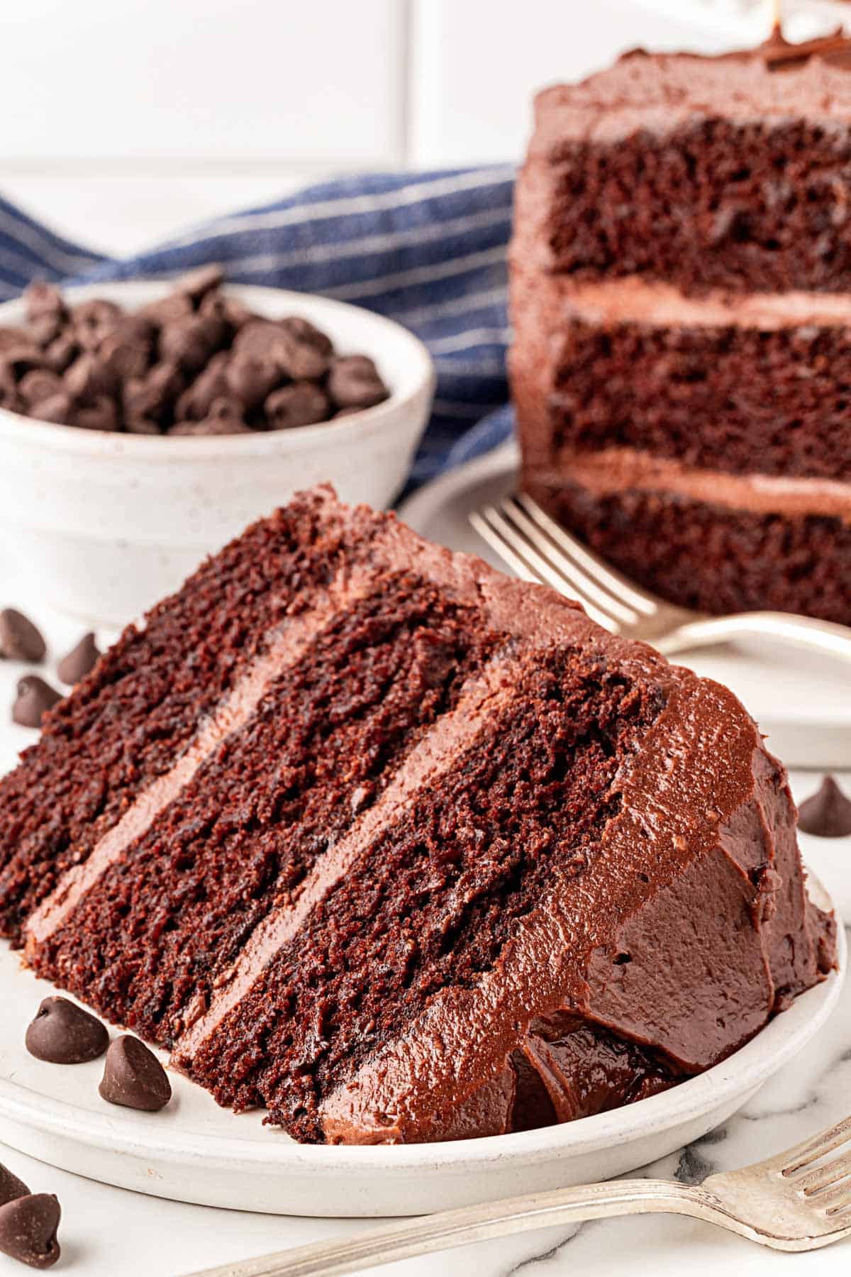 Two slices of chocolate cake with chocolate buttercream on a plate beside chocolate chips